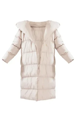 Taupe Chevron Quilted Maxi Puffer Coat