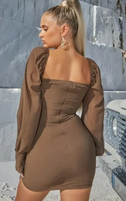 Taupe Chiffon Long Sleeve Ruched Skirt Bodycon Dress