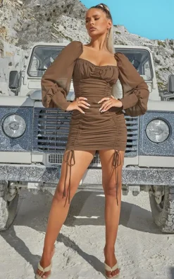 Taupe Chiffon Long Sleeve Ruched Skirt Bodycon Dress
