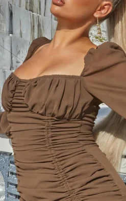 Taupe Chiffon Long Sleeve Ruched Skirt Bodycon Dress