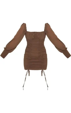 Taupe Chiffon Long Sleeve Ruched Skirt Bodycon Dress