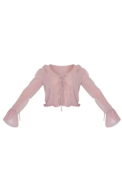 Taupe Chiffon Ruffle Detail Tie Middle Shirt