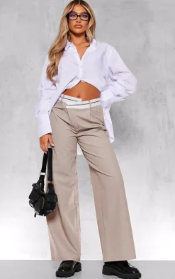 Taupe Contrast Double Waistband Tailored Straight Leg Pants