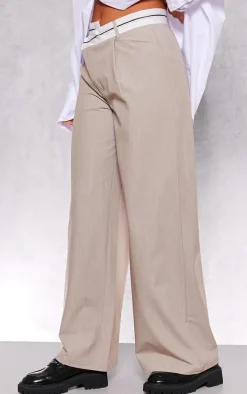 Taupe Contrast Double Waistband Tailored Straight Leg Pants