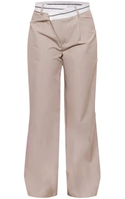 Taupe Contrast Double Waistband Tailored Straight Leg Pants