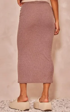 Taupe Contrast Rib Ruched Cut Out Maxi Skirt