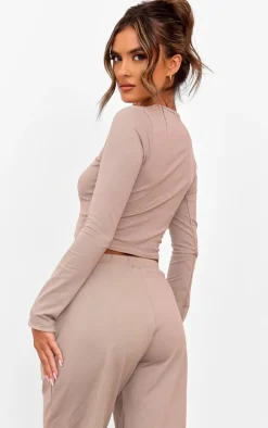 Taupe Cotton Jersey Long Sleeve Crew Neck Top