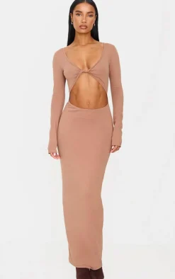 Taupe Cotton Twist Cut Out Long Sleeve Midaxi Dress