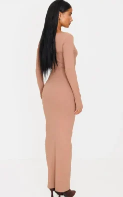 Taupe Cotton Twist Cut Out Long Sleeve Midaxi Dress