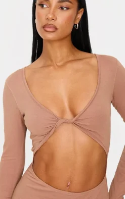 Taupe Cotton Twist Cut Out Long Sleeve Midaxi Dress