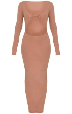 Taupe Cotton Twist Cut Out Long Sleeve Midaxi Dress