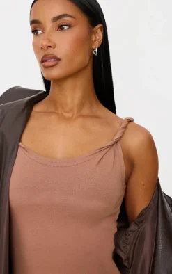 Taupe Cotton Twist Shoulder Sleeveless Mini Dress