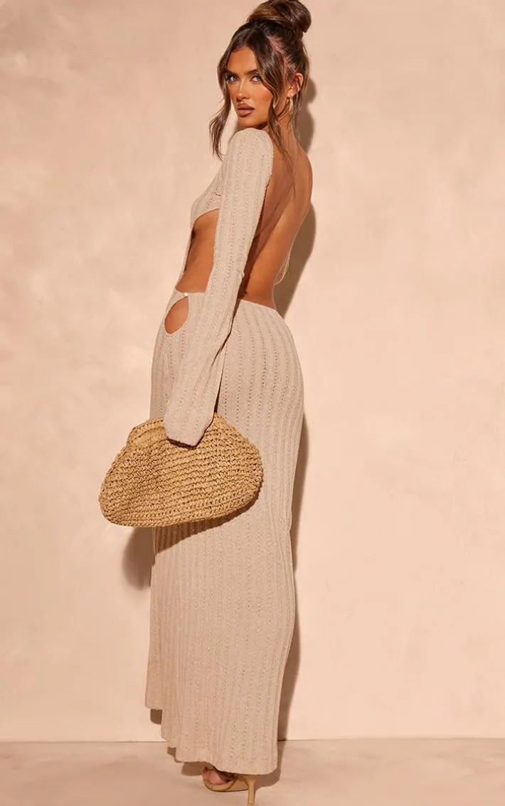 Taupe Crochet Low Back Maxi Dress