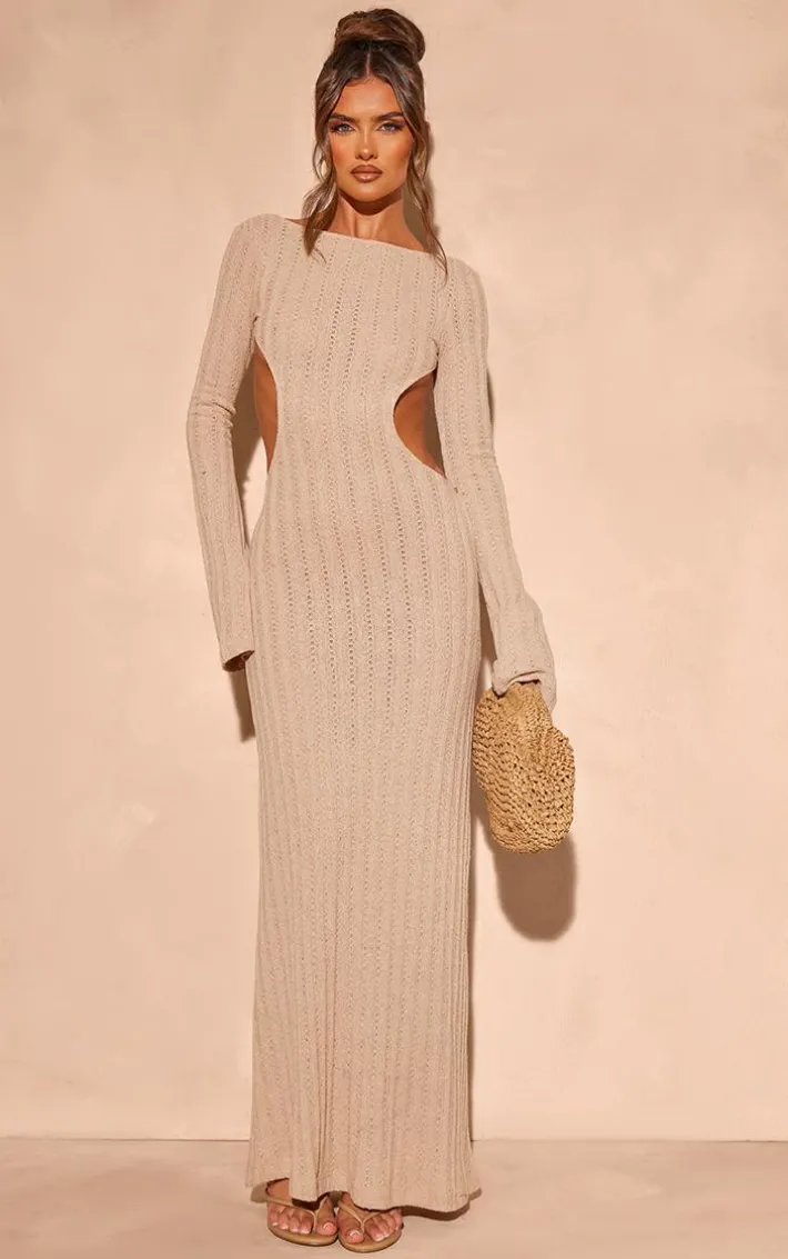 Taupe Crochet Low Back Maxi Dress