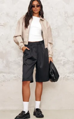 Taupe Distressed Faux Leather Zip Up Bomber Jacket