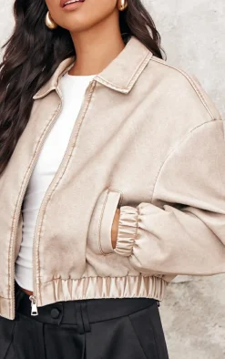 Taupe Distressed Faux Leather Zip Up Bomber Jacket