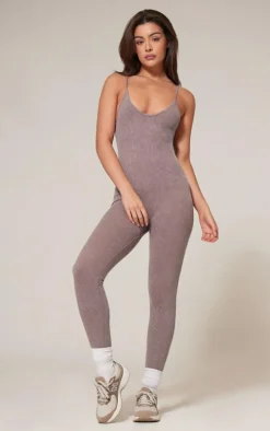 Taupe Faded Snatched Rib Strappy Scoop Back Jumpsuit