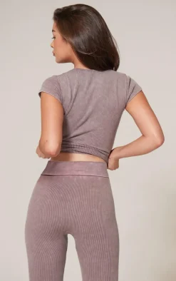 Taupe Faded Snatched Rib Scoop Neck Fitted Top