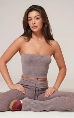 Taupe Faded Snatched Rib Bandeau Crop Top