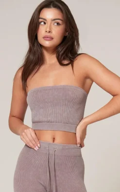Taupe Faded Snatched Rib Bandeau Crop Top