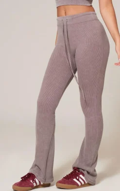 Taupe Faded Snatched Rib Tie Waist Skinny Flare Pants