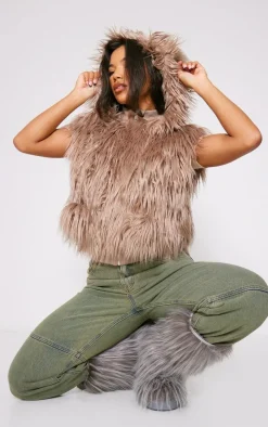 Taupe Faux Fur Cropped Hooded Vest