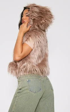 Taupe Faux Fur Cropped Hooded Vest