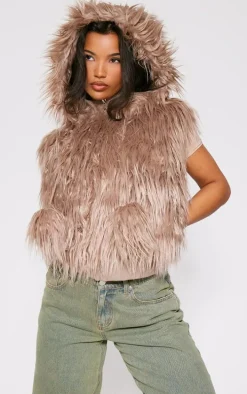 Taupe Faux Fur Cropped Hooded Vest