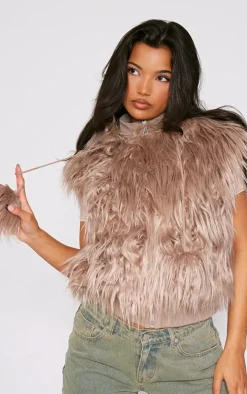 Taupe Faux Fur Cropped Hooded Vest