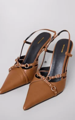 Taupe Faux Leather Point Toe Buckle Strap Sling Back High Heeled Mules