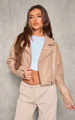Taupe Faux Leather Zip Up Quilted Shoulder Biker Jacket