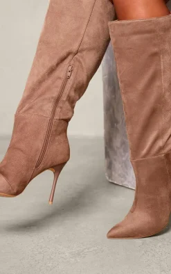 Taupe Faux Suede Point Toe Knee High Stiletto Heeled Boots