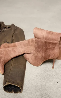 Taupe Faux Suede Point Toe Knee High Stiletto Heeled Boots