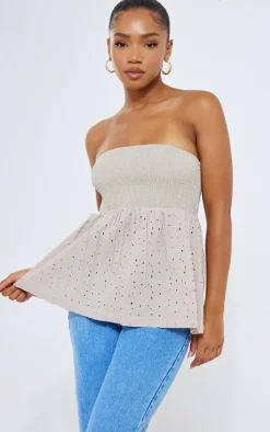 Taupe Flared Hem Broderie Blouse