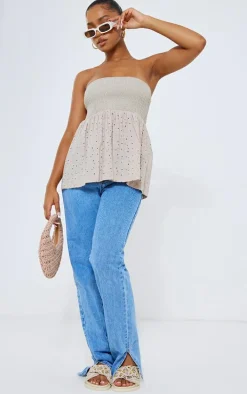 Taupe Flared Hem Broderie Blouse