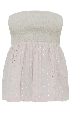 Taupe Flared Hem Broderie Blouse