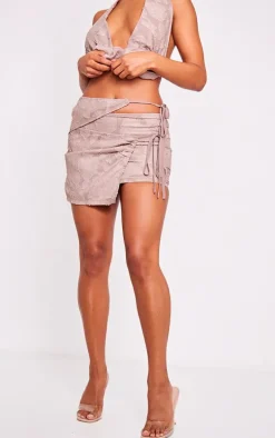 Taupe Floral Applique Cut Out Wrap Over Micro Mini Skirt