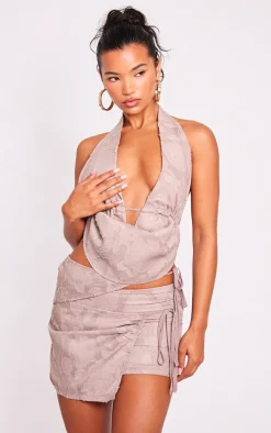 Taupe Floral Applique Cut Out Wrap Over Micro Mini Skirt