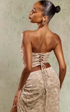 Taupe Floral Devore Ruched Front Bandeau Corset