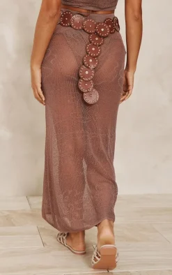 Taupe Flower Pattern Sheer Knit Midaxi Skirt