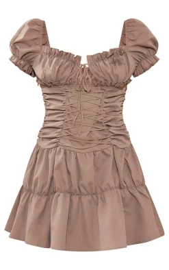 Taupe Frill Lace Up Puff Sleeve Shift Dress