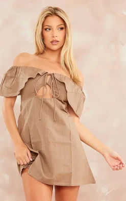 Taupe Frill Sleeve Tie Shift Dress