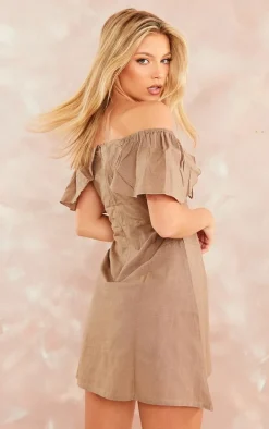 Taupe Frill Sleeve Tie Shift Dress