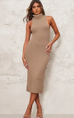 Taupe Funnel Neck Super Soft Knit Midi Dress