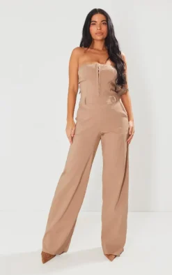 Taupe Hook And Eye Stretch Woven Jumpsuit