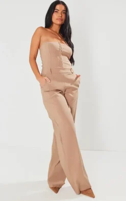 Taupe Hook And Eye Stretch Woven Jumpsuit