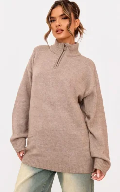 Taupe Knitted Slouchy Half Zip Sweater