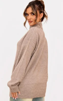 Taupe Knitted Slouchy Half Zip Sweater
