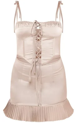 Taupe Lace Up Corset Frill Hem Shift Dress