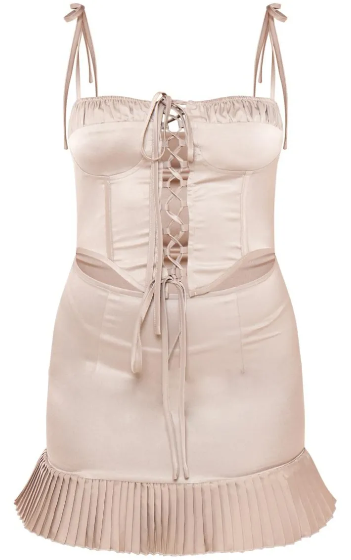 Taupe Lace Up Corset Frill Hem Shift Dress